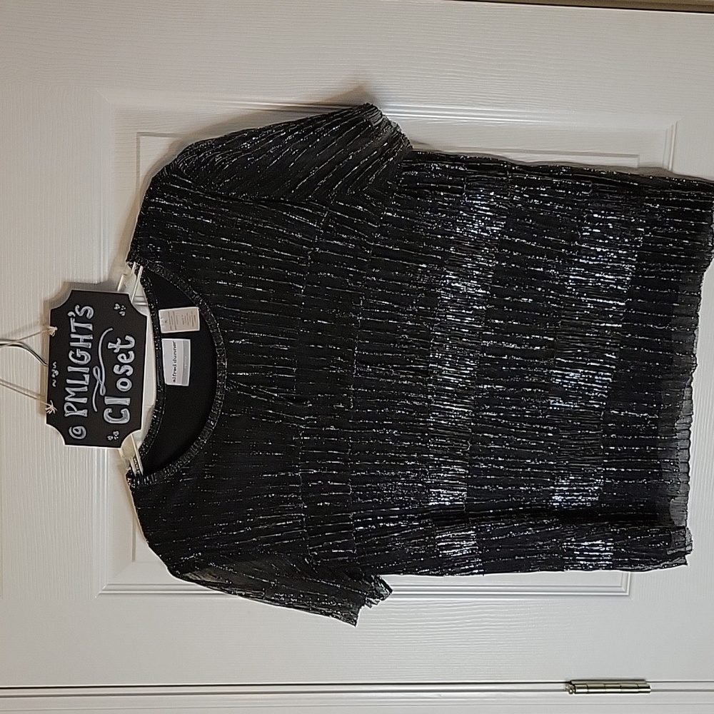 Alfred Dunner Blouse Petite Large Black Silver Sparkle Short Sleeve